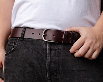 Bordeaux Leather Belt for Men - Full Grain Classic Casual Belt for Jeans, Pants, Father's Day, Boyfriend, Groomsmen, Anniversary Gift