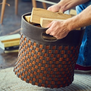 Wood Carrier with Handles, Leather Firewood Holder, Large Log Storage Basket, Firewood Leather Carrier, Gift Idea for Fireplace Decor