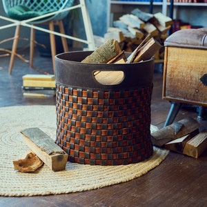 Firewood Woven Leather Basket Fireplace Decor Leather Firewood Rack Fireplace Wood Holder Leather Storage Basket Fireplace Log Holder