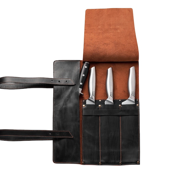 Rouleau de couteau en cuir avec 3 fentes Brown Black Straps Travel Compact Carry On Knife Pocket Bag Kitchen Storage Chef Cook Butcher Gift