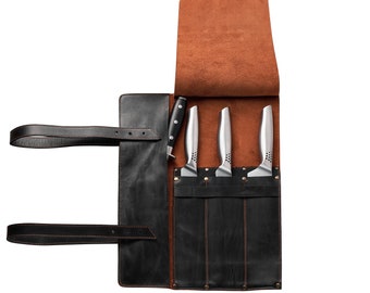 Leather Knife Roll - 3 Slots, Brown with Black Straps - Compact Travel Carry-On Bag for Chefs, Cooks, Butchers - Kitchen Storage & Gift