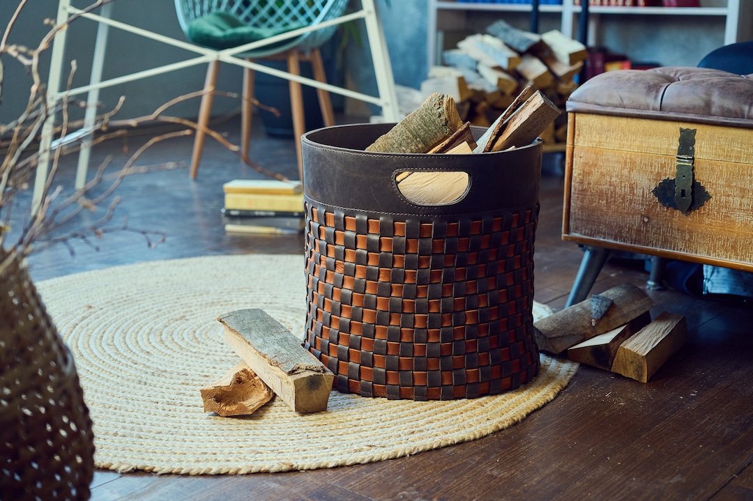Firewood Woven Leather Basket Fireplace Decor Leather Firewood Rack
