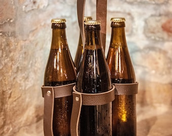 Handmade Leather Beer Carrier, Beer Holder for 4 Bottles, Genuine Leather Beer Caddy, Beer Lover Gift, BBQ Gift for Men