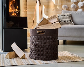 Leather Firewood Holder Basket, Rustic Living Room Storage for Logs or Magazines, Housewarming or Cabin Gift