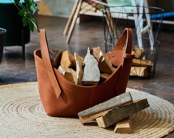 Leather Firewood Basket, Tall Log Holder for Modern Fireplace Storage and Home Decor