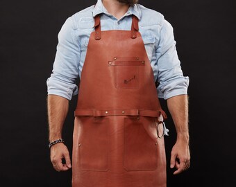 Leather Woodworking Apron, Cross Back Shop Apron for Men, Full Grain Leather BBQ Apron, Father’s Day or Carpenter Gift