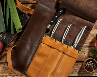 Knife bag chef - Handmade Leather Knife Roll Bag with Straps - Chef's Roll Holder, Knife Storage - Birthday Gift - Best Gift for Chef