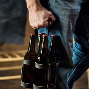 Beer Accessories Beer Holder with Strap 4 Pack Leather Beer Carrier Beer Lover Gift Idea Gifts for Men Who Have Everything Beer Caddy