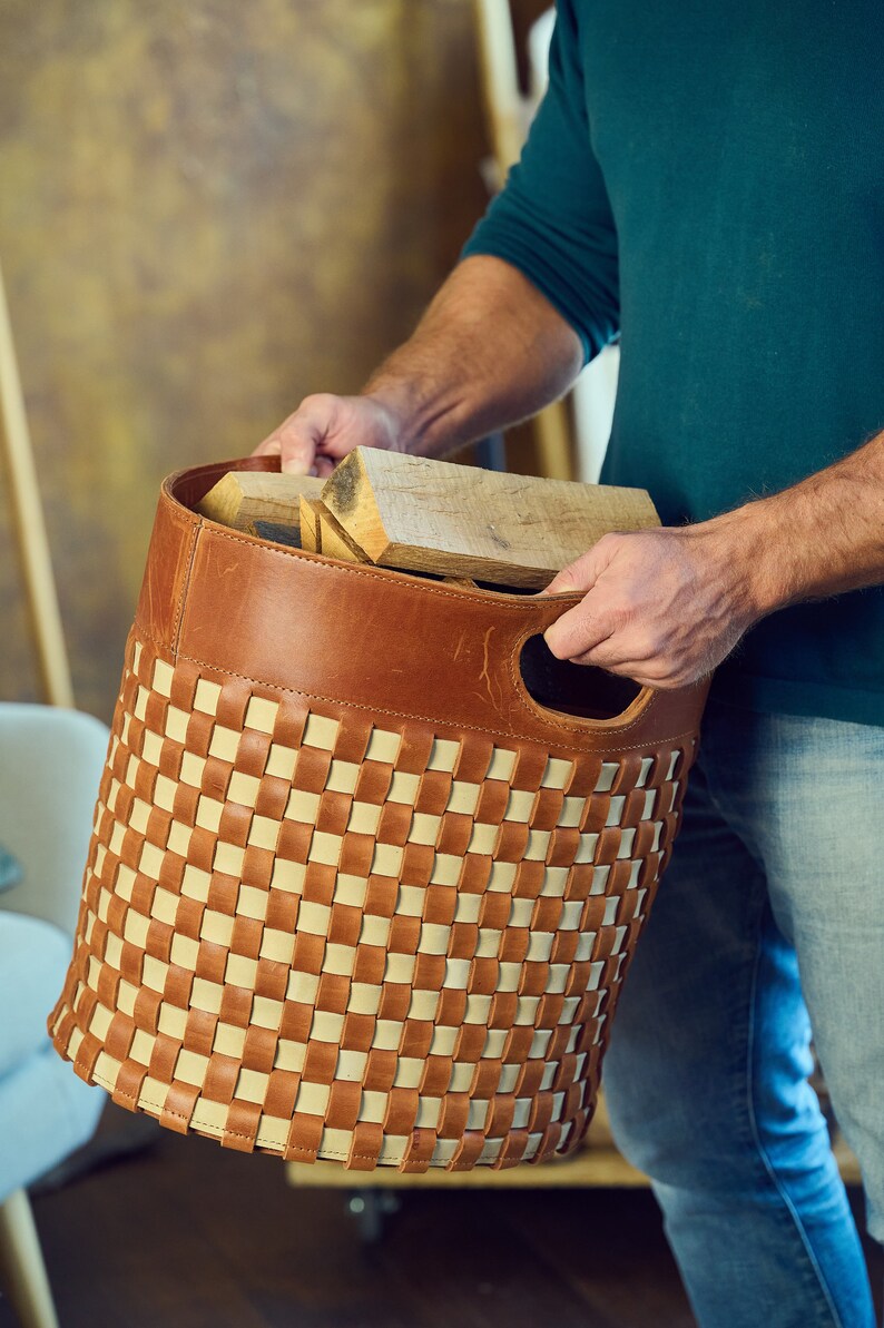 Woven Leather Basket for Firewood Fireplace Wood Holder Large Firewood