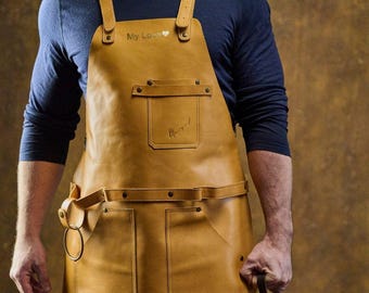 Personalized Leather Apron for Men, BBQ Grill Apron, Fathers Day Gift for Him, Gift for Grandpa, Grilling Accessories, Retirement Gift