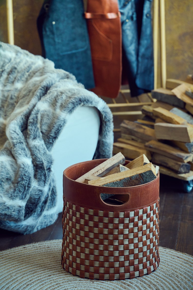 Woven Leather Basket for Firewood Fireplace Wood Holder Large Firewood