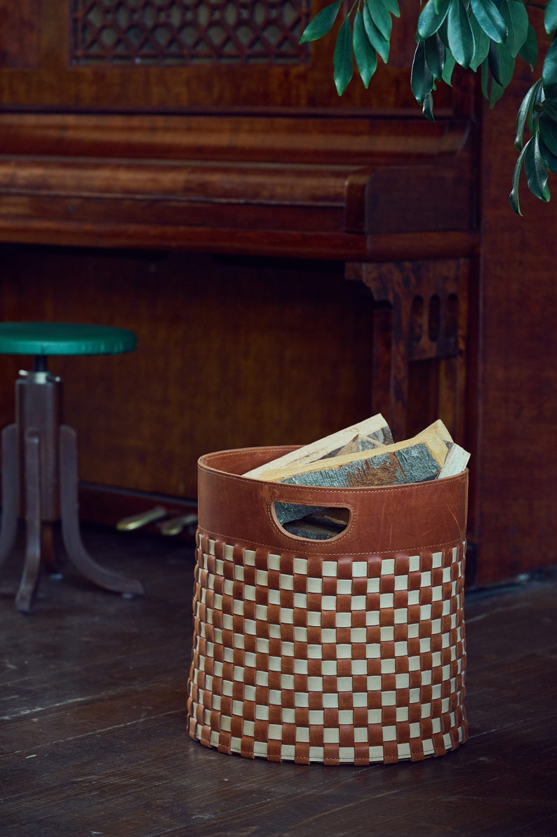 Woven Leather Basket for Firewood Fireplace Wood Holder Large Firewood