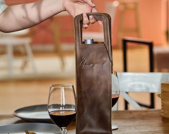 Leather Wine Bottle Holder, Wine Accessories Gifts for Men, Leather Wine Caddy for Father, Handcrafted Carrier Bag for a Bottle of Wine