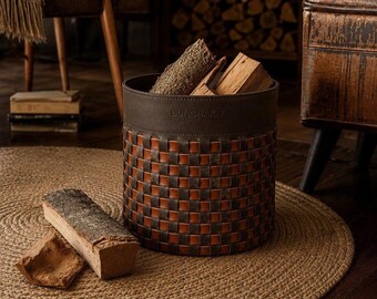Personalized Leather Storage Basket, Custom Fireplace Log Holder, Rustic Home Decor, Magazine Basket, New Home Gift