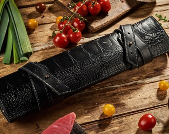 Leather Knife Roll with 3 Slots Ostrich Skin Effect Foldable Professional Knife Organizer Compact Storage Chef Cook Culinary Student