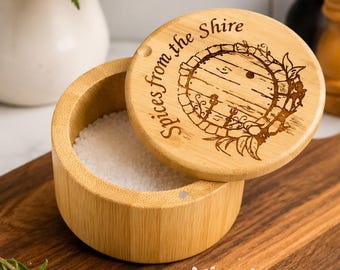 Engraved Bamboo Salt Box | Hobbit-Inspired Shire Kitchen Decor, kitchen tools, foodie, engraved kitchen decor| Fantasy gifts  | funny gift