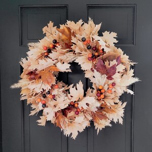 Fall full modern neutral cream beige rustic burnt orange maple wreath with orange berries, wheat grass natural decor for fall front door