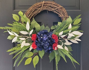 Farmhouse  USA patriotic red white and blue July 4th front door wreath with hydrangeas, roses, fern and ficus leaves, Americana summer decor