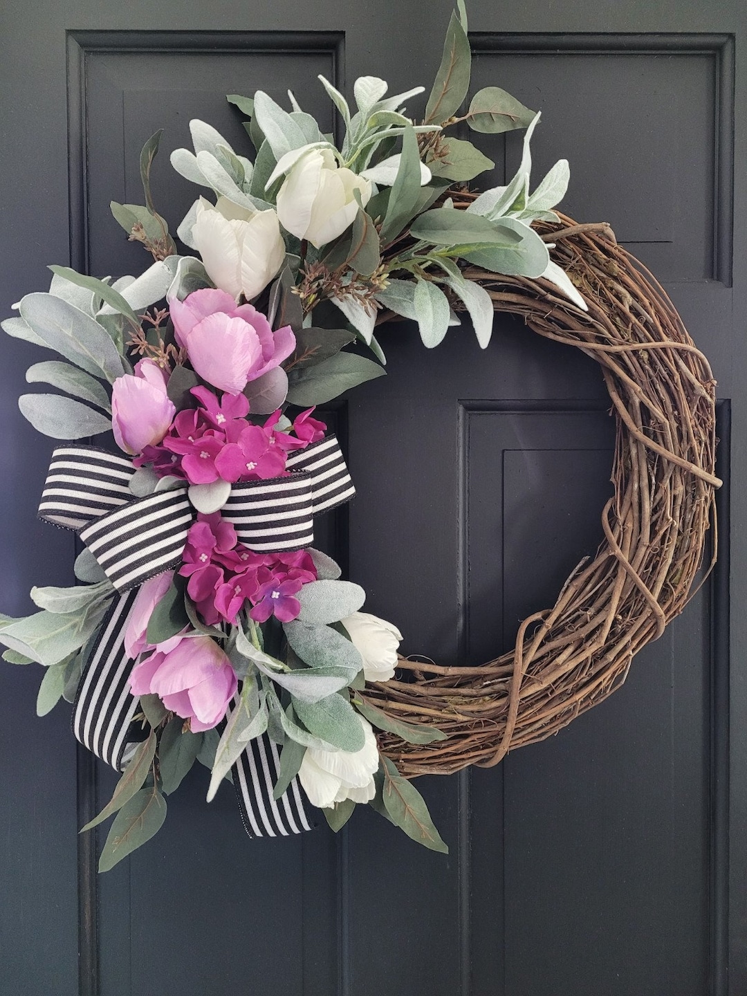 Spring and Summer Lamb's Ear and Tulip Wreath With Eucalyptus and ...