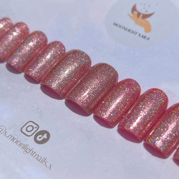 PINK HOLOGRAPHIC | Sparkly Pink Glitter Press-Ons | x.moonlightnails.x