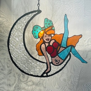 Stay Wild Moon Child Pin up Girl tattoo style Stained Glass Suncatcher, wall hanging, window hanging