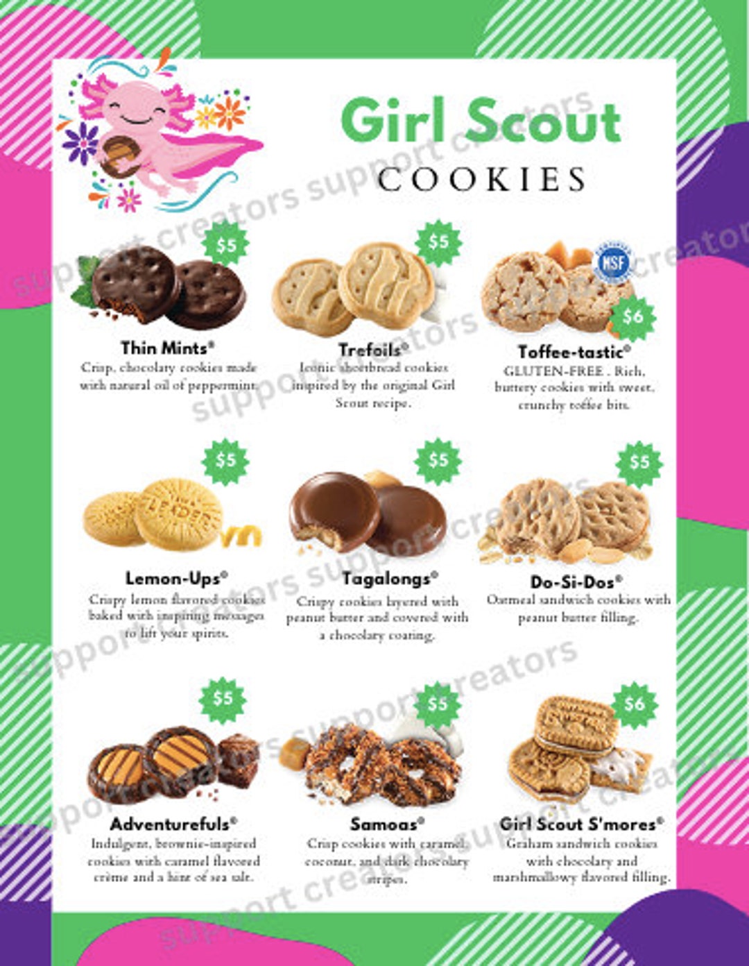 Girl Scout Cookie Poster Price List 2024 Axolotl 18x24 CANVA Template ...