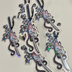 Starry waterproof holographic sticker samurai sword kitsune kibuki Sakura mask kawaii fox Japanese kitsune