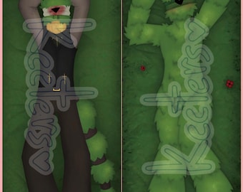 May include: Two body pillows with cartoon-style characters. One is gray with a black outfit and green accents. The other is green with black accents. Both are lying on a green surface with red flowers.
