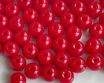 30 - 6mm Solid Red Round Glass Beads  #1358