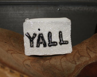 Western White Y'all Beaded Coin Purse