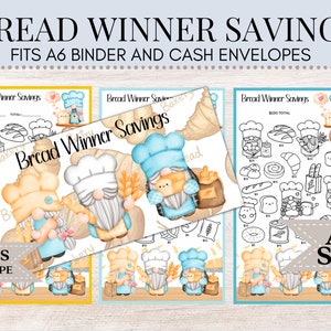 May include: Printable A6 size budget tracker with a bakery theme. The tracker features gnomes wearing chef hats and holding bread. The text "Bread Winner Savings" is at the top of the page.