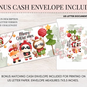 May include: Printable Christmas cash envelope featuring a watercolor illustration of woodland animals with the text "Merry Critter mas". The envelope is designed to fit a standard US letter size paper and measures 7 inches by 3.5 inches.