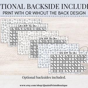 May include: Printable game cards with a dice pattern background. The cards feature a grid with numbers 1-6 and the text "$200 Roll The Dice", "$250 Roll The Dice", and "$150 Roll The Dice".