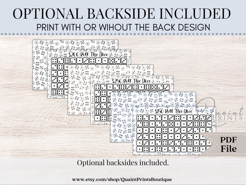 May include: Printable game cards with a dice pattern background. The cards feature a grid with numbers 1-6 and the text "$200 Roll The Dice", "$250 Roll The Dice", and "$150 Roll The Dice".