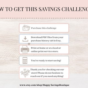 Może przedstawiać: Infografika zatytułowana "HOW TO GET THIS SAVINGS CHALLENGE" z krokami: kup, pobierz pliki PDF, wydrukuj i zacznij oszczędzać. Zawiera podziękowanie i adres URL sklepu Etsy.