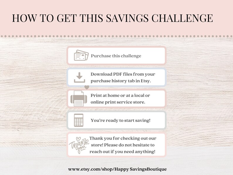 Może przedstawiać: Infografika zatytułowana "HOW TO GET THIS SAVINGS CHALLENGE" z krokami: kup, pobierz pliki PDF, wydrukuj i zacznij oszczędzać. Zawiera podziękowanie i adres URL sklepu Etsy.