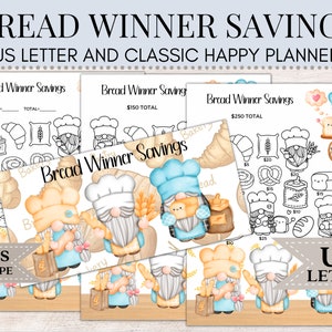 May include: Printable planner pages featuring a gnome baker theme. The pages are designed for use with a US Letter size planner. The pages include a savings tracker with a total of £250. The pages are black and white and feature a variety of bakery items, including bread, pastries, and pretzels.