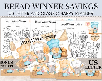 Bread Winner Savings | Gnome Savings Challenge | Baking Savings Challenge | Savings Tracker | Cash Envelope | Savings Print | M37
