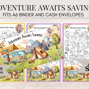 Adventure Awaits Savings | Savings Challenge | A6 Savings Challenge | Savings Tracker | Camping | Travel Savings | Cash envelope  M44