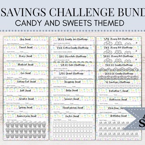 May include: A set of 18 printable A6 size savings challenge trackers with a candy and sweets theme. Each tracker features a different holiday or occasion, such as Valentine's Day, Halloween, and Christmas. The trackers are designed to help people save money by setting a goal and tracking their progress.