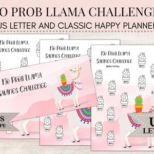 May include: A printable No Prob Llama Savings Challenge in a pink and white color scheme. The challenge includes a llama with a cactus on its back and a total savings goal of $550. The printable is designed to fit a US letter size paper.