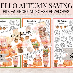 May include: Three printable cash envelope trackers with a fall theme. Each tracker features a cute cartoon animal with a pumpkin and acorns. The trackers are labeled "Hello Autumn" and have a space for a total amount. The trackers are designed to fit A6 binders and cash envelopes. A bonus envelope tracker is also included.
