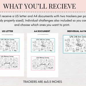 Może przedstawiać: Cyfrowy wydruk z trackerami oszczędności dla samoopieki i makijażu. Obraz przedstawia układy stron US Letter, A4 i A6 z ilustracjami produkt&oacute;w kosmetycznych oraz tekstem "Love Yourself" i "Treat Yourself". Trackery mają wymiary 15,2 x 8,9 cm.
