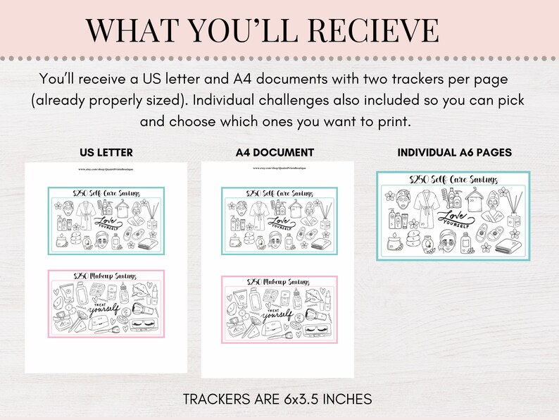 Może przedstawiać: Cyfrowy wydruk z trackerami oszczędności dla samoopieki i makijażu. Obraz przedstawia układy stron US Letter, A4 i A6 z ilustracjami produkt&oacute;w kosmetycznych oraz tekstem "Love Yourself" i "Treat Yourself". Trackery mają wymiary 15,2 x 8,9 cm.