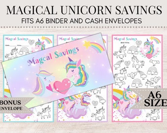 May include: Printable A6 size cash envelope template featuring a unicorn and rainbow design. The template includes sections for item name, total amount, and a space for a unicorn illustration. The text "Magical Savings" is printed on the envelope.