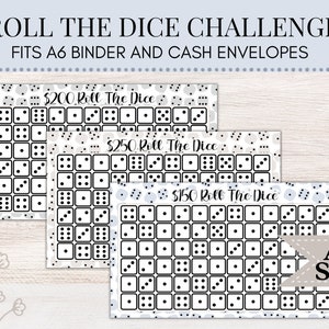 May include: Three printable A6 size "Roll the Dice" challenge sheets with a gray and white dice pattern. The sheets are labeled with different amounts: $200, $250, and $150.