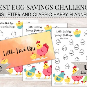 May include: A collection of printable savings challenges with a nest egg theme. The designs include illustrations of chickens and chicks, with text that reads "Little Nest Egg Savings Challenge" and "US Letter". Includes a bonus envelope.