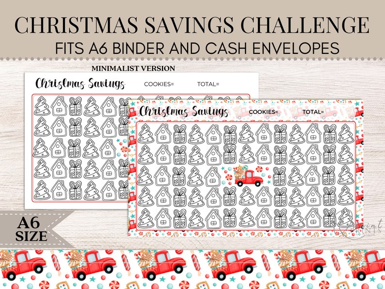 K&ouml;nnte beinhalten: Druckbarer Weihnachts-Spar-Challenge-Tracker im minimalistischen Design. Der Tracker verf&uuml;gt &uuml;ber ein Raster mit weihnachtlichen Symbolen, darunter Weihnachtsb&auml;ume, H&auml;user und Geschenke. Der Tracker ist f&uuml;r A6-Ordner und Bargeldumschl&auml;ge konzipiert. Der Text "Christmas Savings" befindet sich oben auf dem Tracker.
