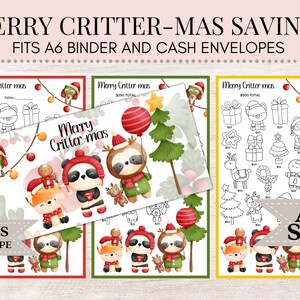 May include: Three printable Christmas-themed cash envelope trackers featuring cute animal illustrations. The trackers are titled "Merry Critter-mas" and include a total amount for each envelope. The trackers are designed to fit A6 binders and cash envelopes. A bonus envelope is also included.