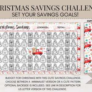 K&ouml;nnte beinhalten: Druckbarer Weihnachts-Spar-Challenge mit einem niedlichen Design mit einem roten Lastwagen, Lebkuchenh&auml;usern und Weihnachtsb&auml;umen. Der Druck ist 6x3,5 Zoll gro&szlig; und in zwei Versionen erh&auml;ltlich: minimalistisch oder niedliches Muster.